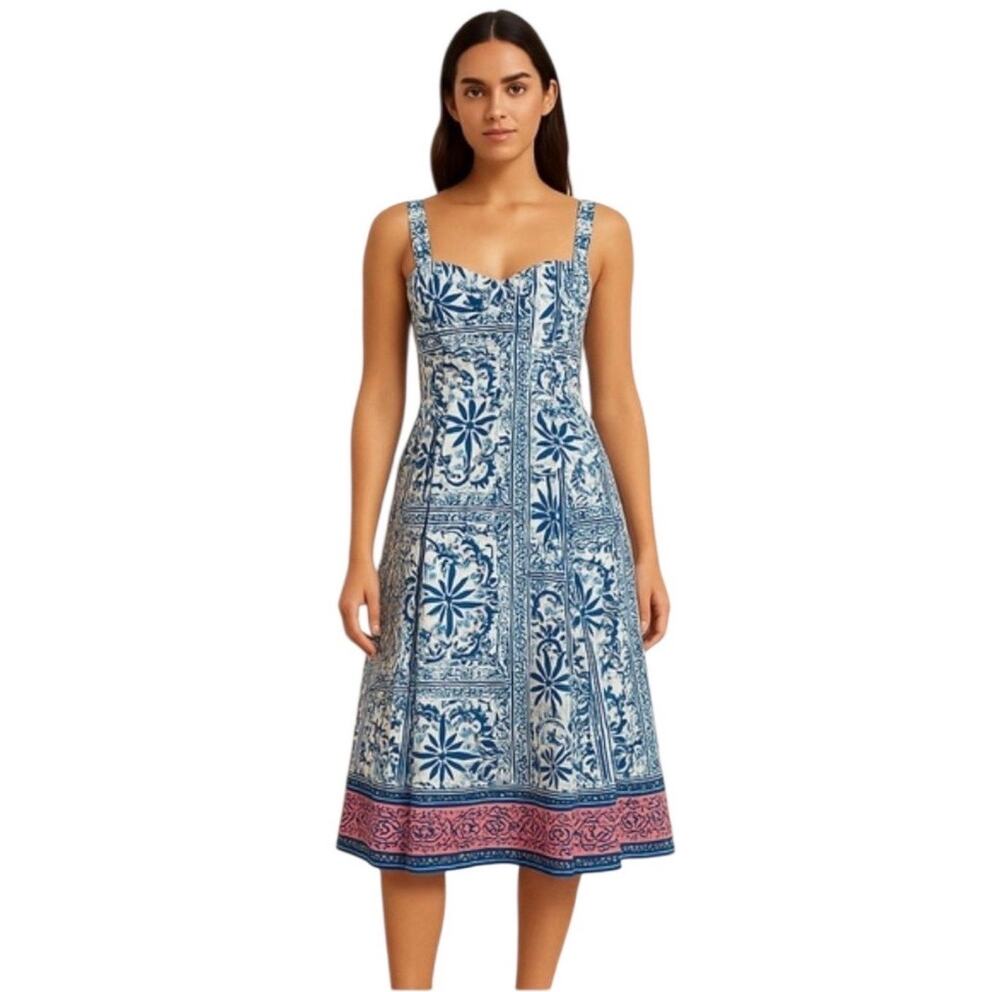 NWT Avec Les Filles Blue Floral Mediterranean Print Fit & Flare Dress-Size 12